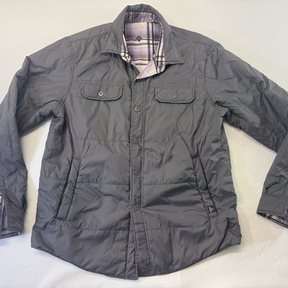 Prana Men's Gray Quilted Jacket reversible purple plaid *see measurements